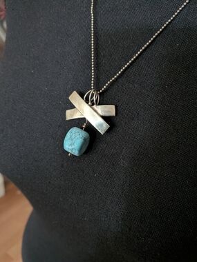 Sterling Silver Bar Pendant Necklace with Turquoise Stone Signed BONI